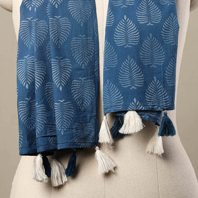 Blue - Block Print Cotton Sanganeri Stole with Tassels 87