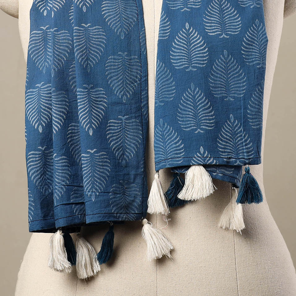 Blue - Block Print Cotton Sanganeri Stole with Tassels 87