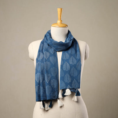 Blue - Block Print Cotton Sanganeri Stole with Tassels 87