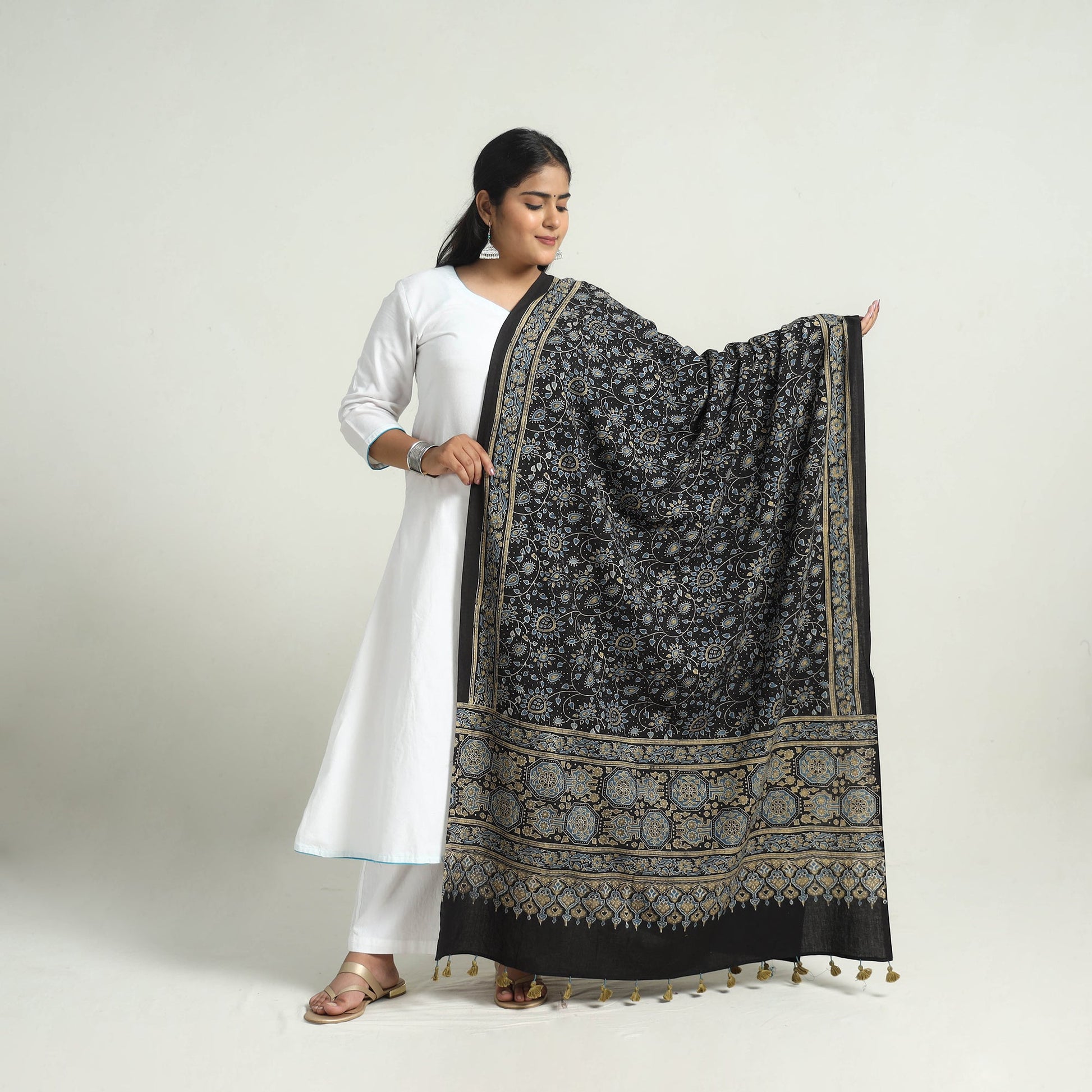 Black - Kutch Block Print Cotton Ajrakh Dupatta 02