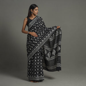Black - Natural Dyed Cotton Bagru Print Saree 16