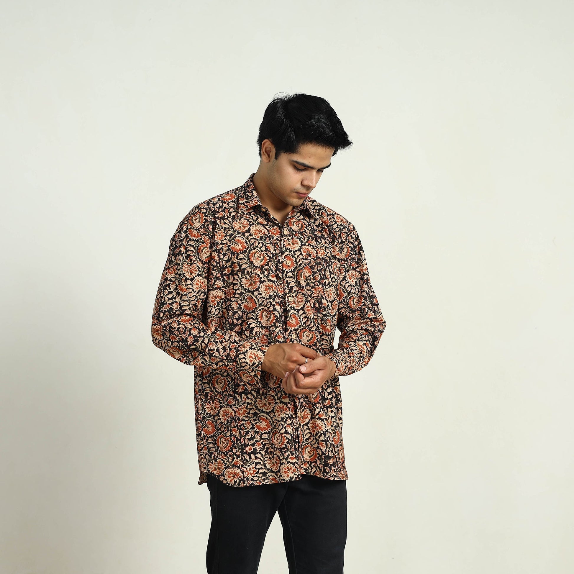 Black - Pedana Block Print Cotton Men Kalamkari Shirt 07