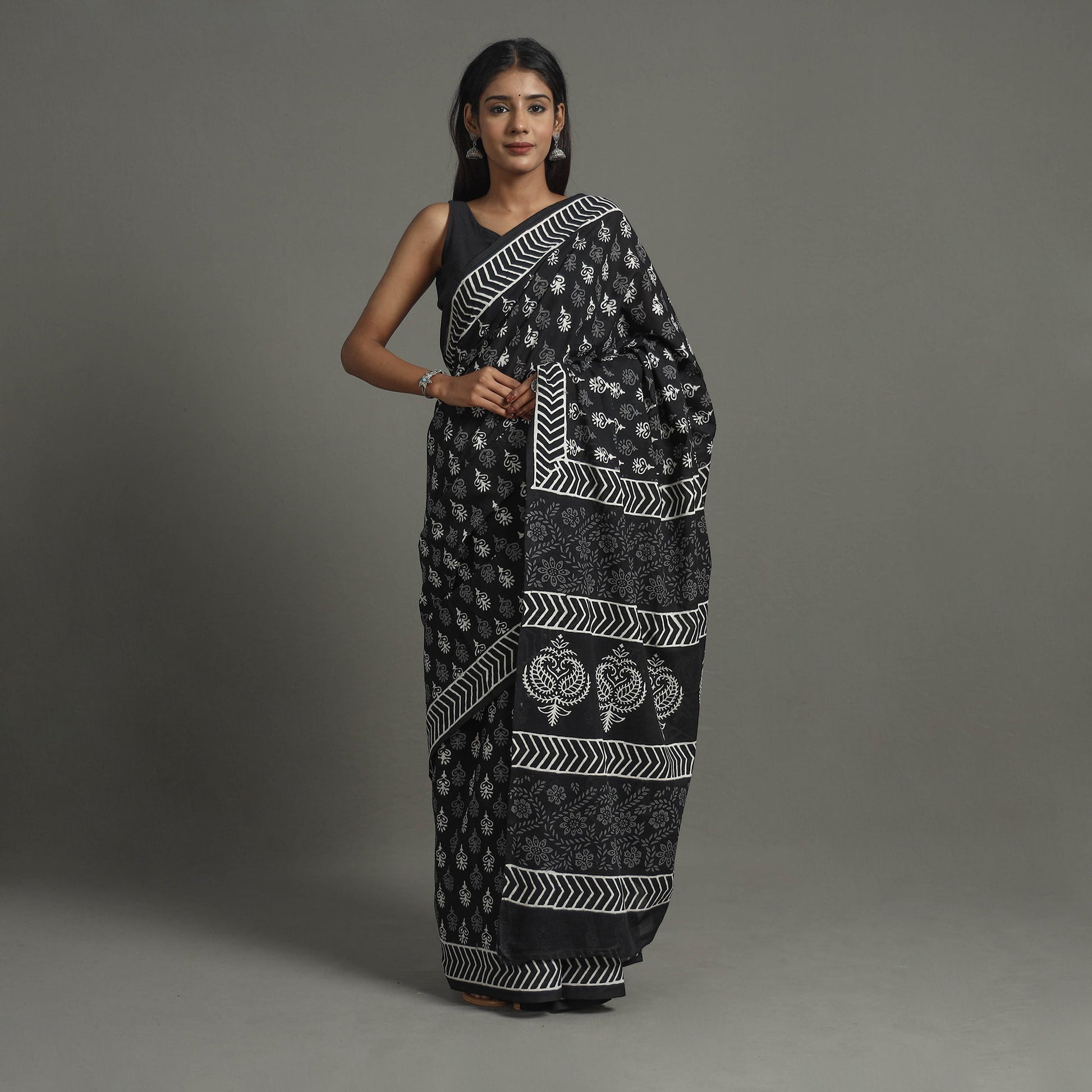 Black - Natural Dyed Cotton Bagru Print Saree 16