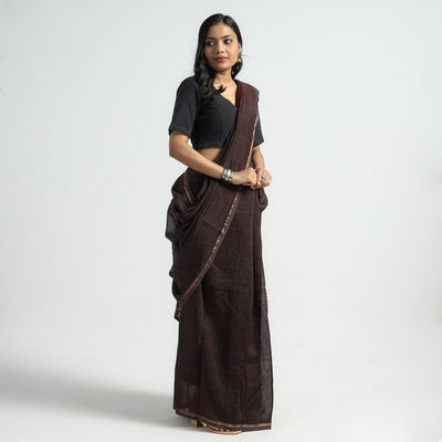Brown - Bagh Hand Block Printed Natural Dyed Chanderi Silk Saree