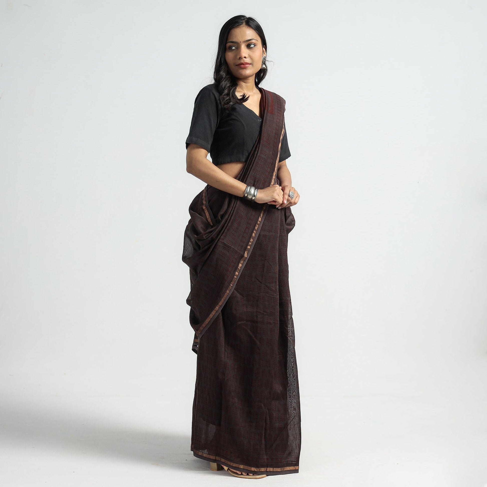 Brown - Bagh Hand Block Printed Natural Dyed Chanderi Silk Saree
