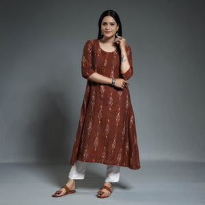 Brown - Pochampally Ikat Weave Cotton Long A-Line Kurta 15