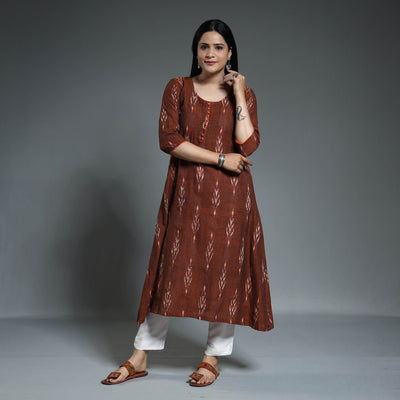 Brown - Pochampally Ikat Weave Cotton Long A-Line Kurta 15