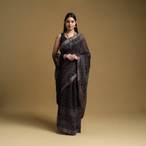 Black - Natural Dyed Block Print Kota Doria Cotton Ajrakh Saree 09