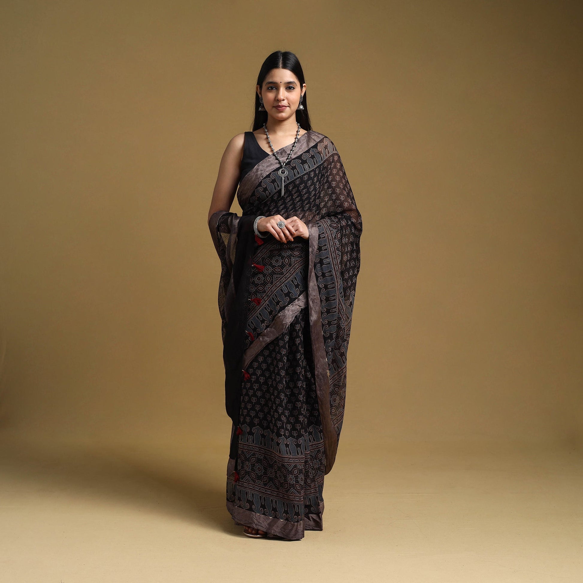 Black - Natural Dyed Block Print Kota Doria Cotton Ajrakh Saree 09