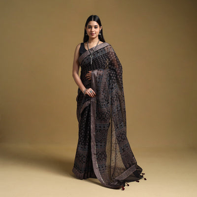Black - Natural Dyed Block Print Kota Doria Cotton Ajrakh Saree 09