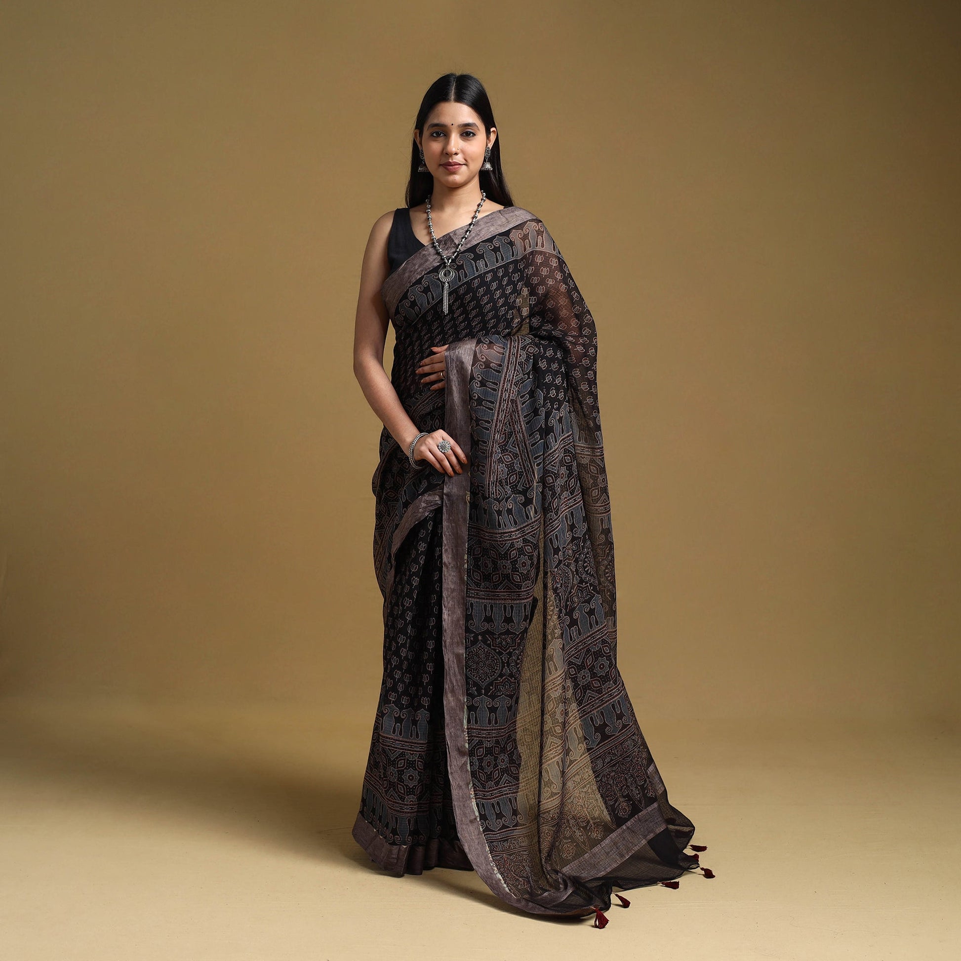 Black - Natural Dyed Block Print Kota Doria Cotton Ajrakh Saree 09