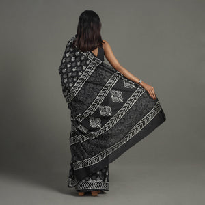Black - Natural Dyed Cotton Bagru Print Saree 16