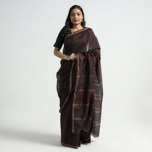 Brown - Bagh Hand Block Printed Natural Dyed Chanderi Silk Saree