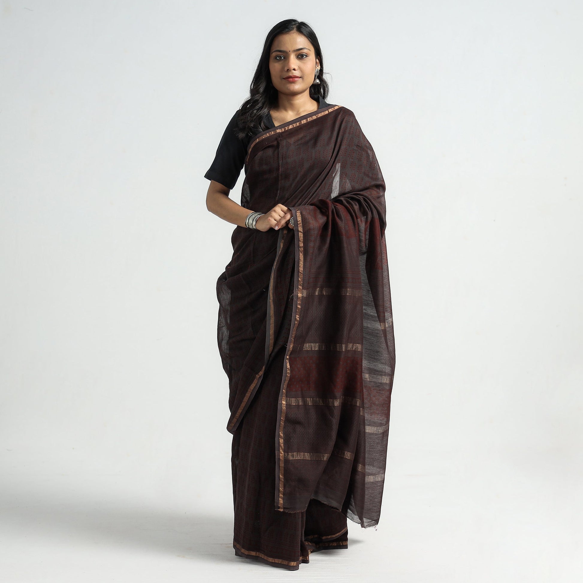 Brown - Bagh Hand Block Printed Natural Dyed Chanderi Silk Saree