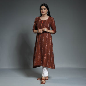 Brown - Pochampally Ikat Weave Cotton Long A-Line Kurta 15
