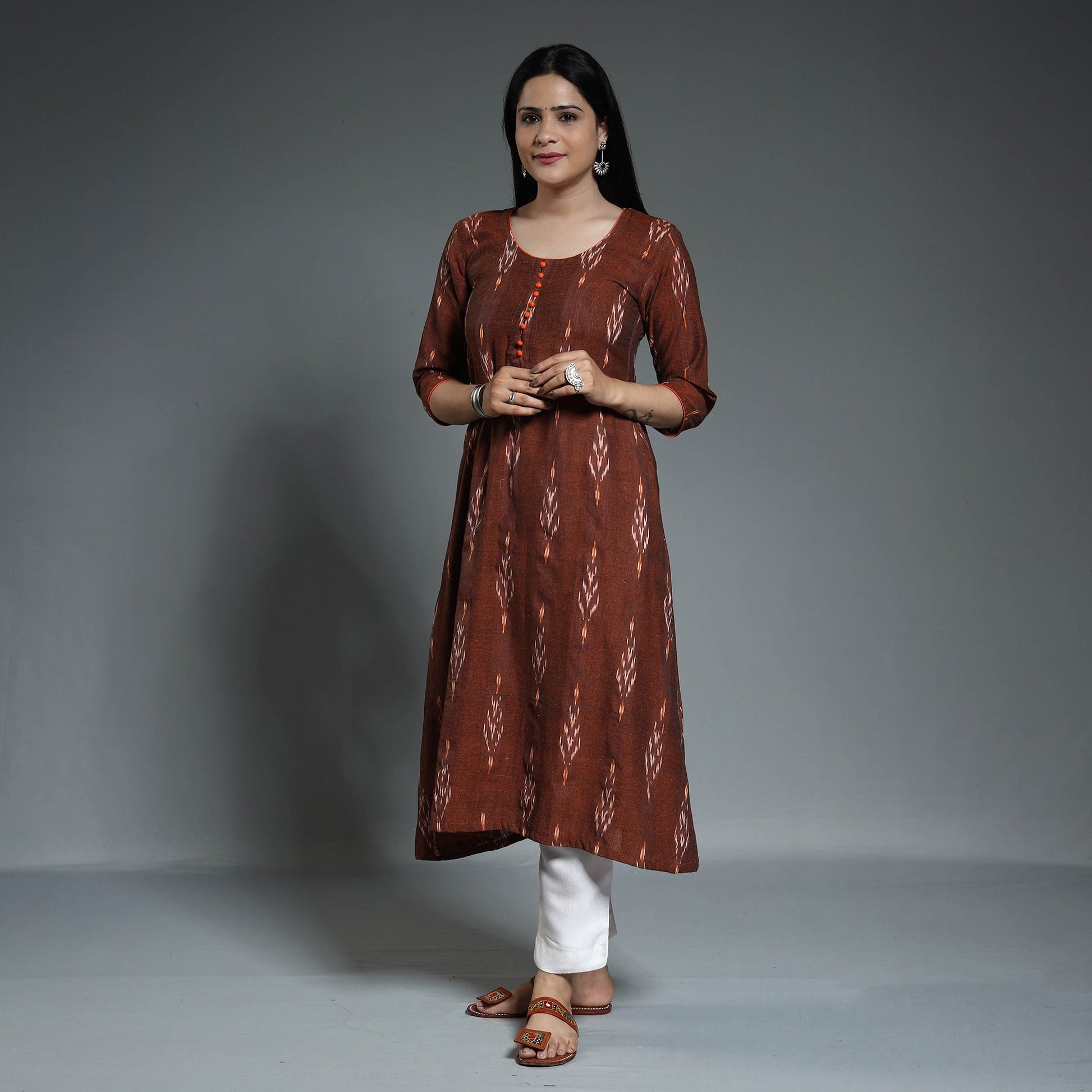 Brown - Pochampally Ikat Weave Cotton Long A-Line Kurta 15