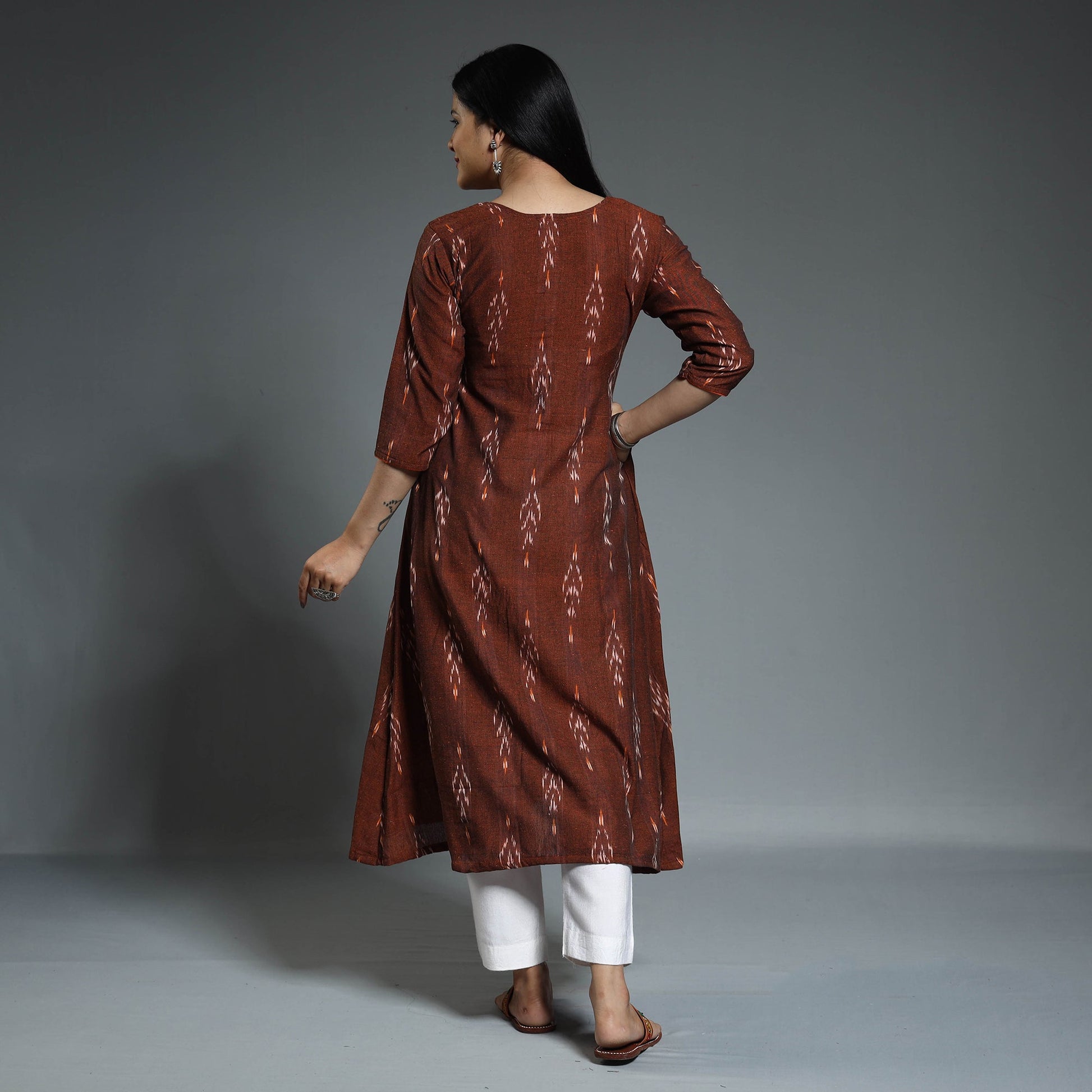 Brown - Pochampally Ikat Weave Cotton Long A-Line Kurta 15