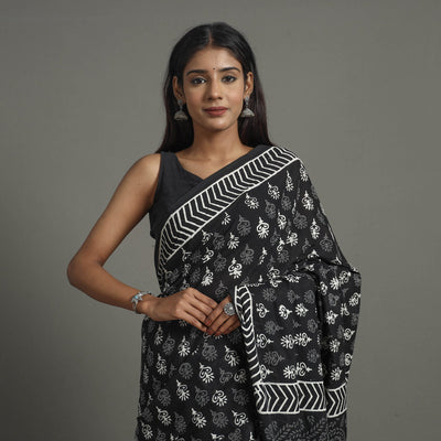 Black - Natural Dyed Cotton Bagru Print Saree 16