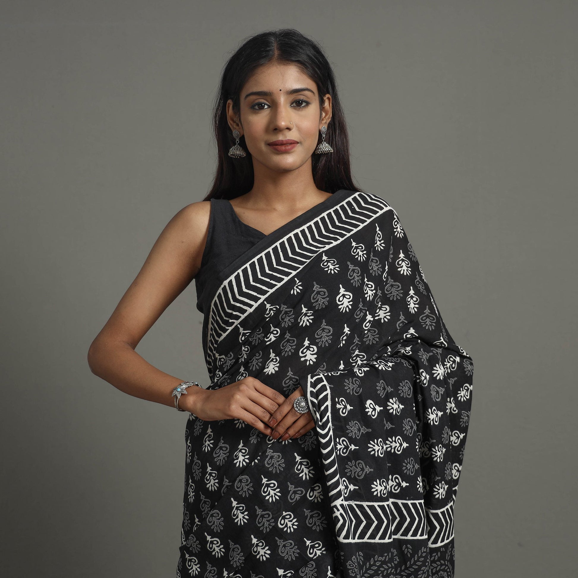Black - Natural Dyed Cotton Bagru Print Saree 16