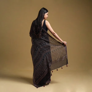 Black - Natural Dyed Block Print Kota Doria Cotton Ajrakh Saree 09