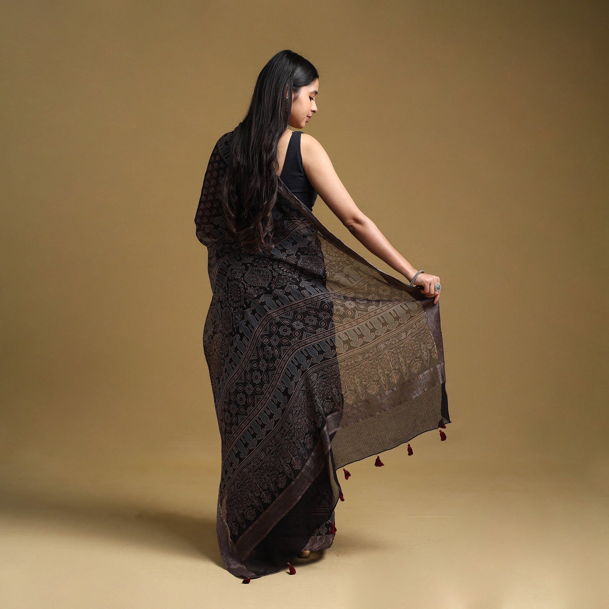 Black - Natural Dyed Block Print Kota Doria Cotton Ajrakh Saree 09
