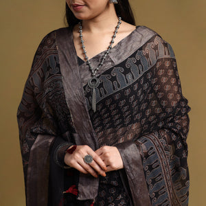 Black - Natural Dyed Block Print Kota Doria Cotton Ajrakh Saree 09