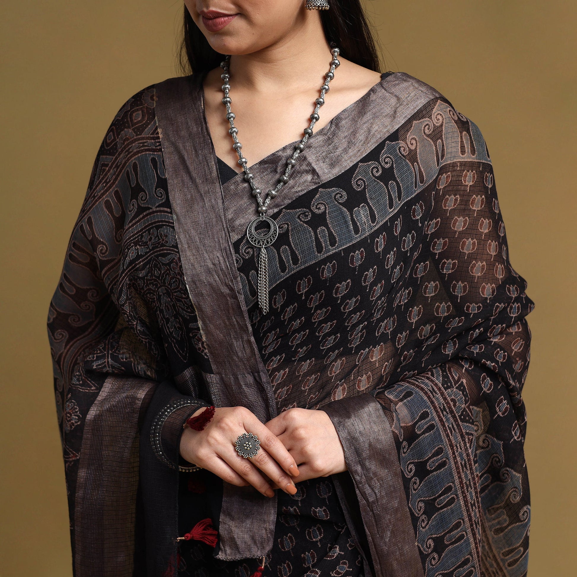 Black - Natural Dyed Block Print Kota Doria Cotton Ajrakh Saree 09