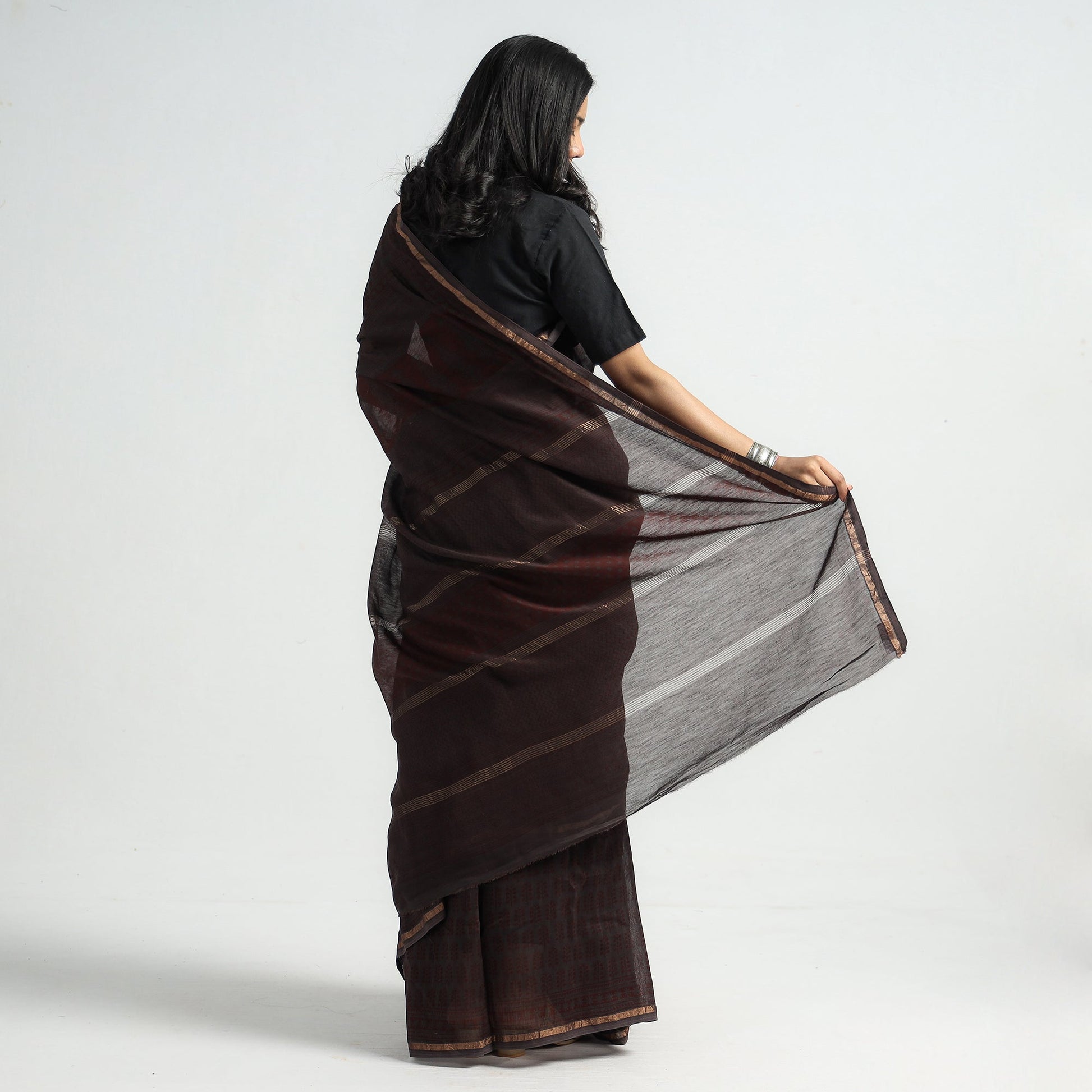 Brown - Bagh Hand Block Printed Natural Dyed Chanderi Silk Saree