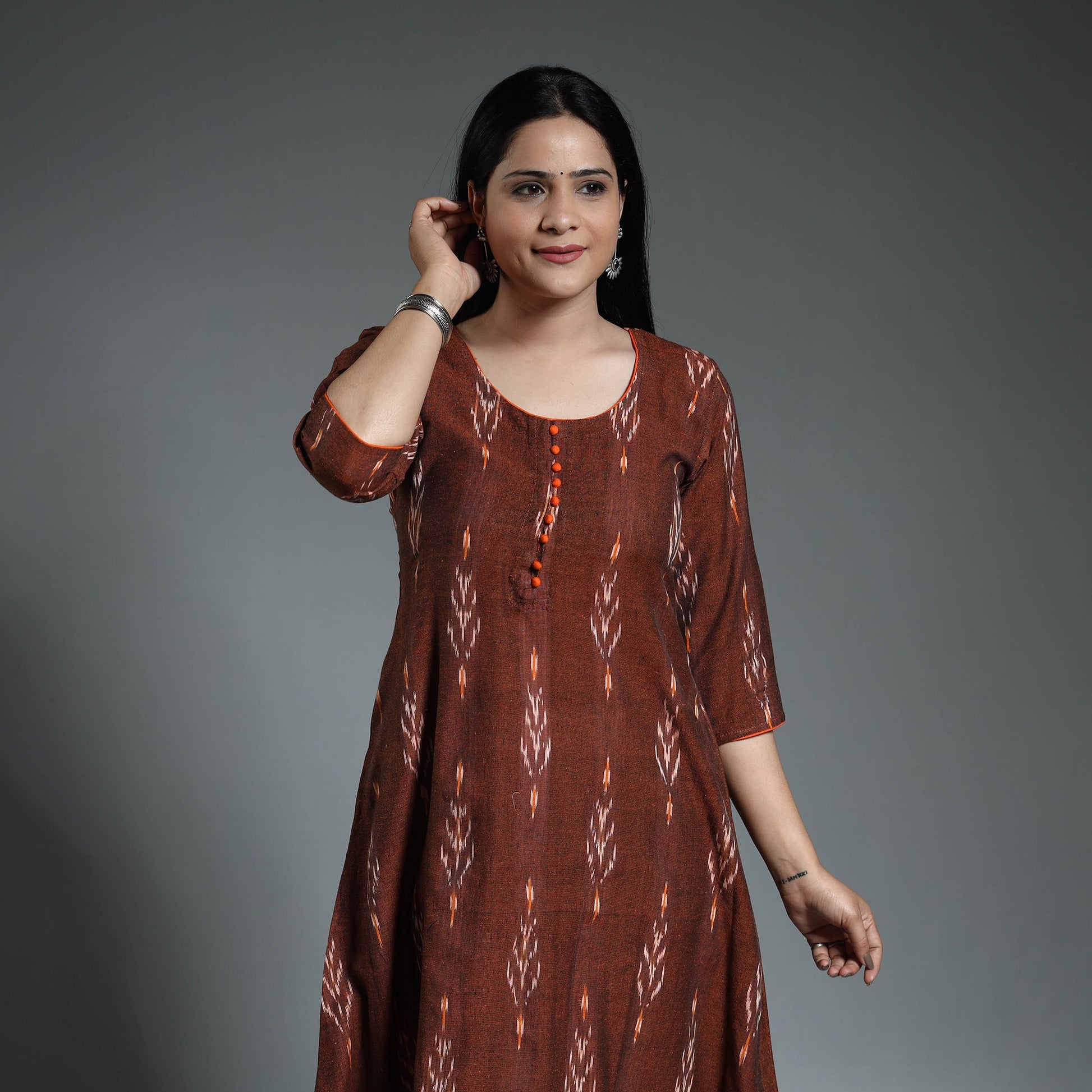 Brown - Pochampally Ikat Weave Cotton Long A-Line Kurta 15