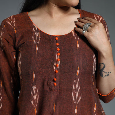 Brown - Pochampally Ikat Weave Cotton Long A-Line Kurta 15