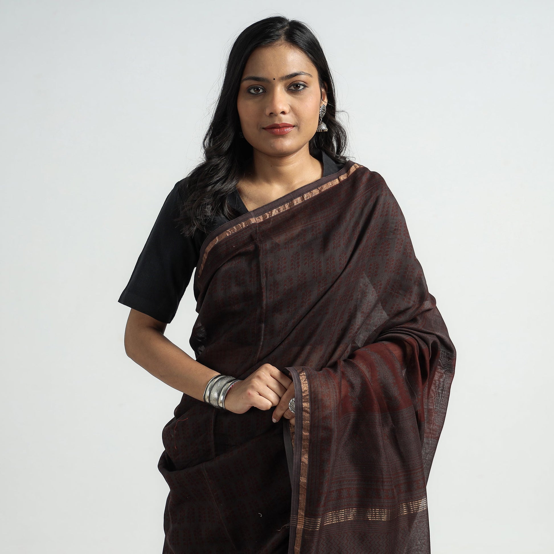 Brown - Bagh Hand Block Printed Natural Dyed Chanderi Silk Saree