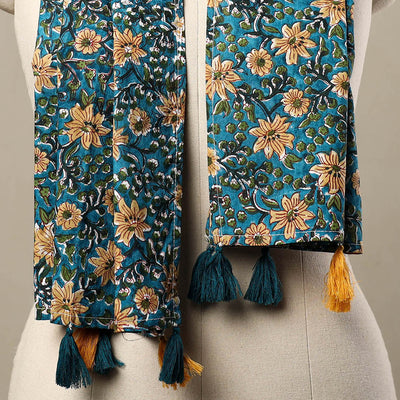 Blue - Block Print Cotton Sanganeri Stole with Tassels 97