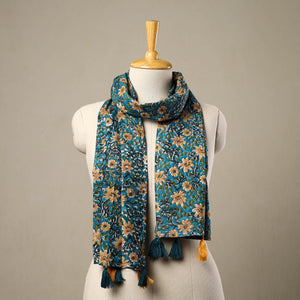Blue - Block Print Cotton Sanganeri Stole with Tassels 97