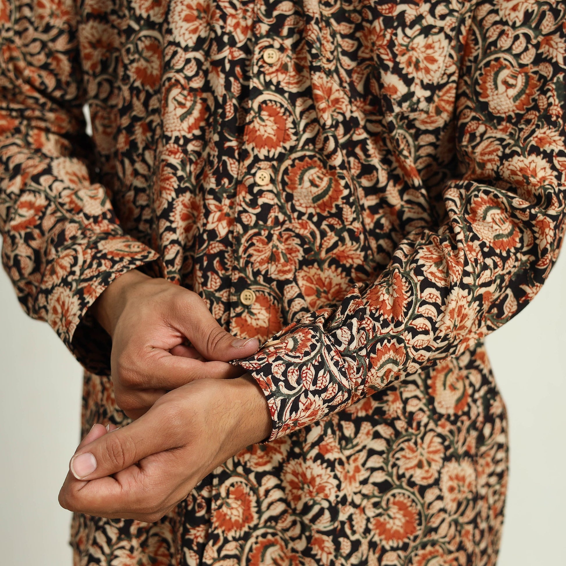 Black - Pedana Block Print Cotton Men Kalamkari Shirt 07
