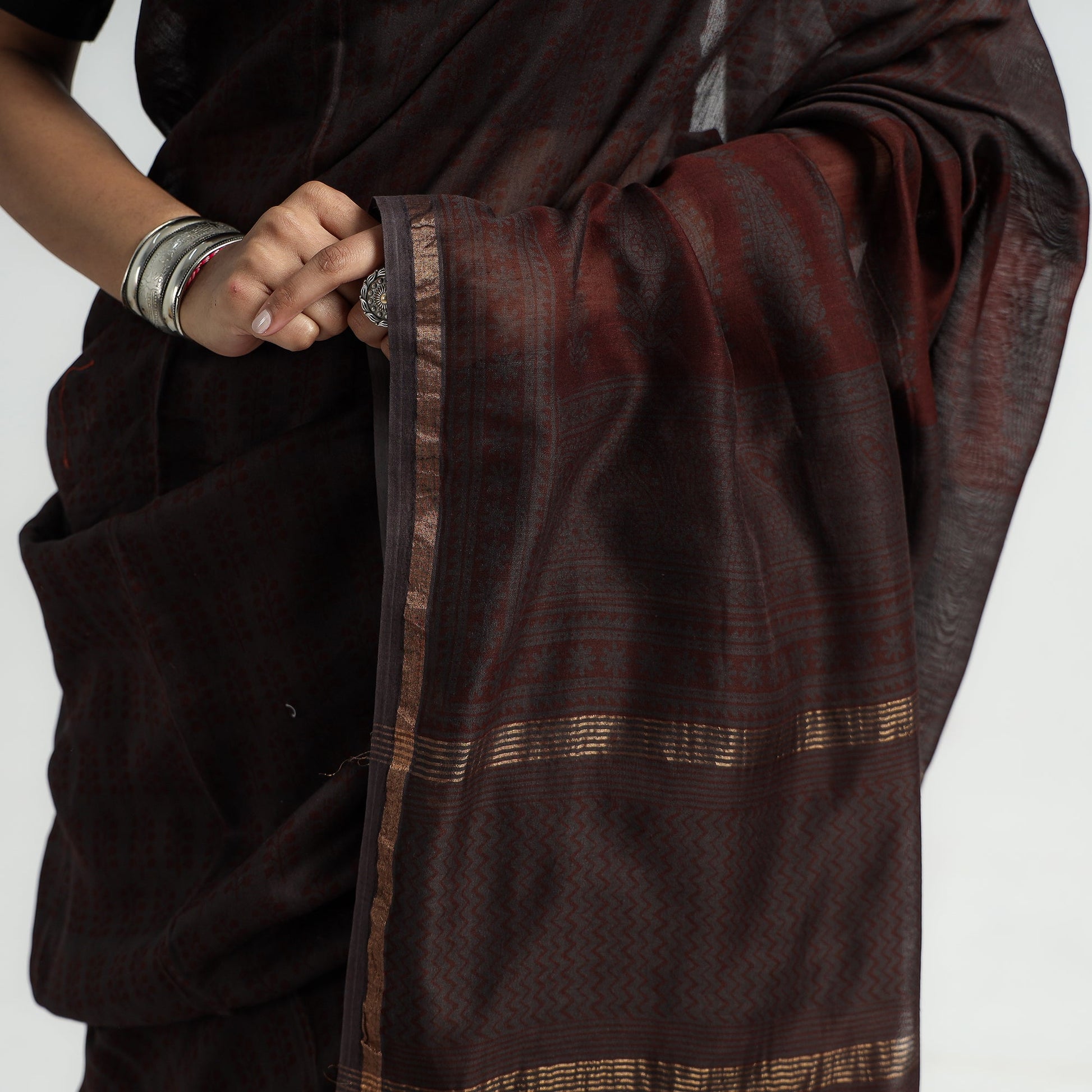 Brown - Bagh Hand Block Printed Natural Dyed Chanderi Silk Saree