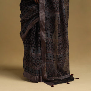 Black - Natural Dyed Block Print Kota Doria Cotton Ajrakh Saree 09