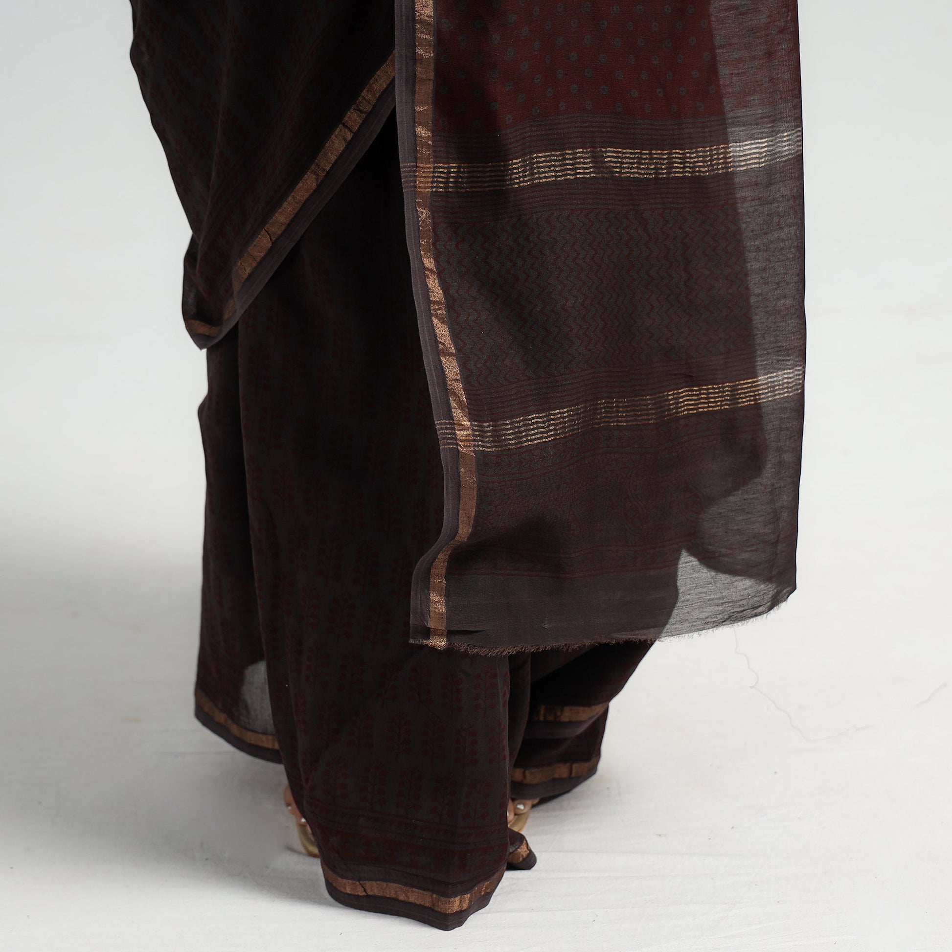 Brown - Bagh Hand Block Printed Natural Dyed Chanderi Silk Saree