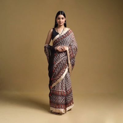 Beige - Natural Dyed Block Print Kota Doria Cotton Ajrakh Saree 10