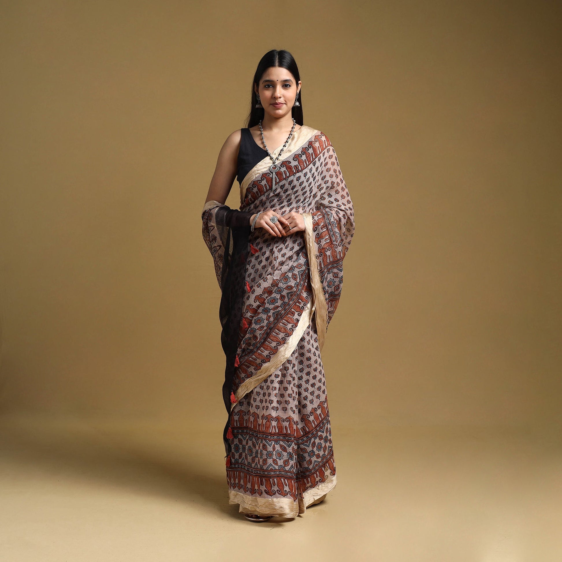 Beige - Natural Dyed Block Print Kota Doria Cotton Ajrakh Saree 10