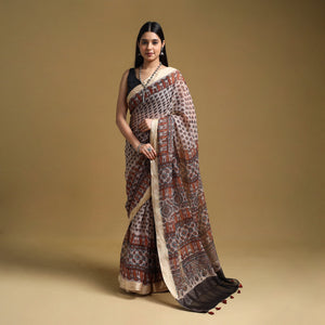 Beige - Natural Dyed Block Print Kota Doria Cotton Ajrakh Saree 10