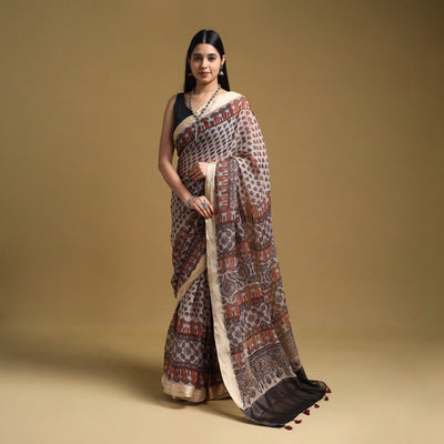 Beige - Natural Dyed Block Print Kota Doria Cotton Ajrakh Saree 10