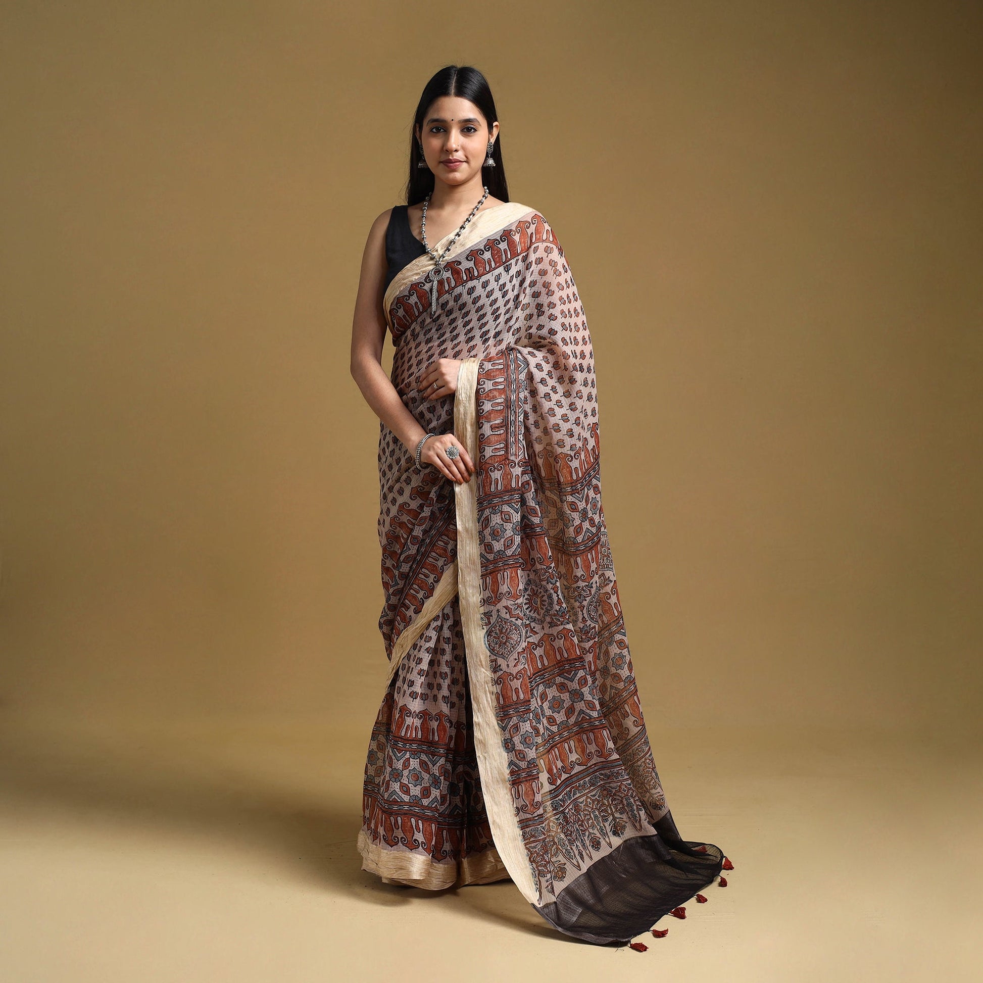 Beige - Natural Dyed Block Print Kota Doria Cotton Ajrakh Saree 10