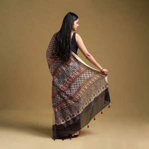 Beige - Natural Dyed Block Print Kota Doria Cotton Ajrakh Saree 10