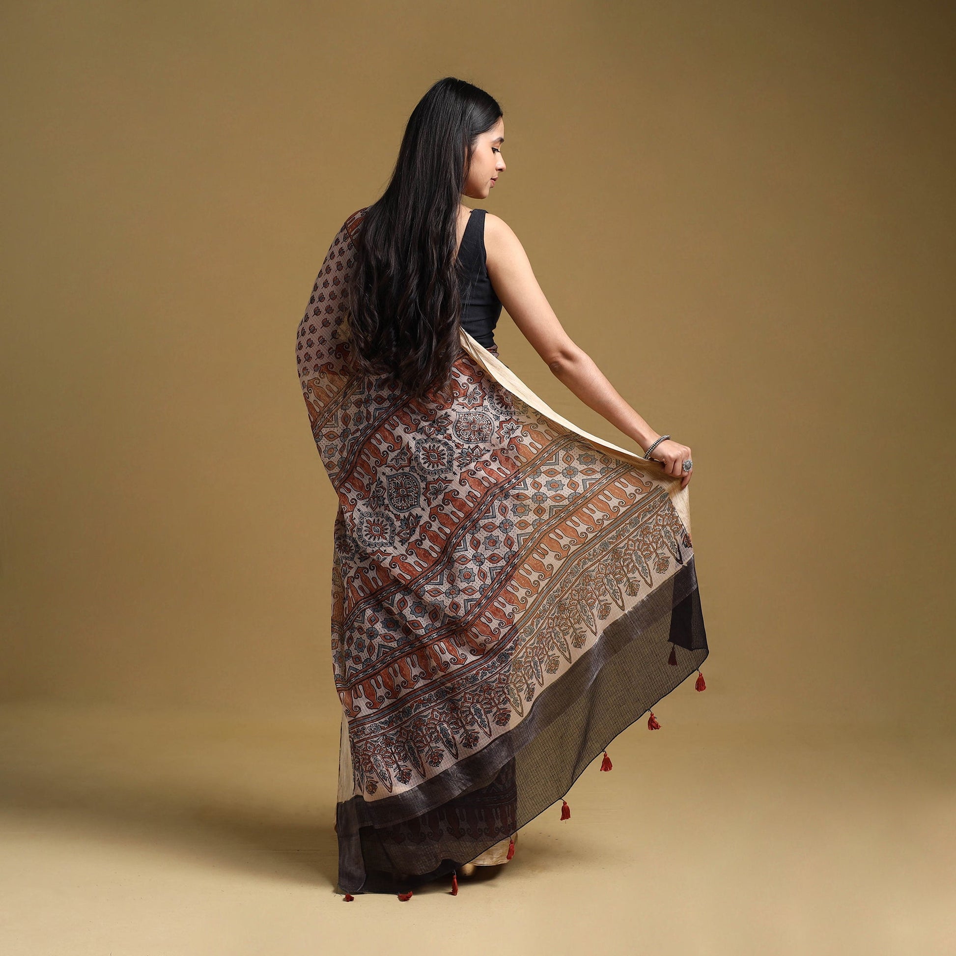 Beige - Natural Dyed Block Print Kota Doria Cotton Ajrakh Saree 10