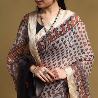 Beige - Natural Dyed Block Print Kota Doria Cotton Ajrakh Saree 10