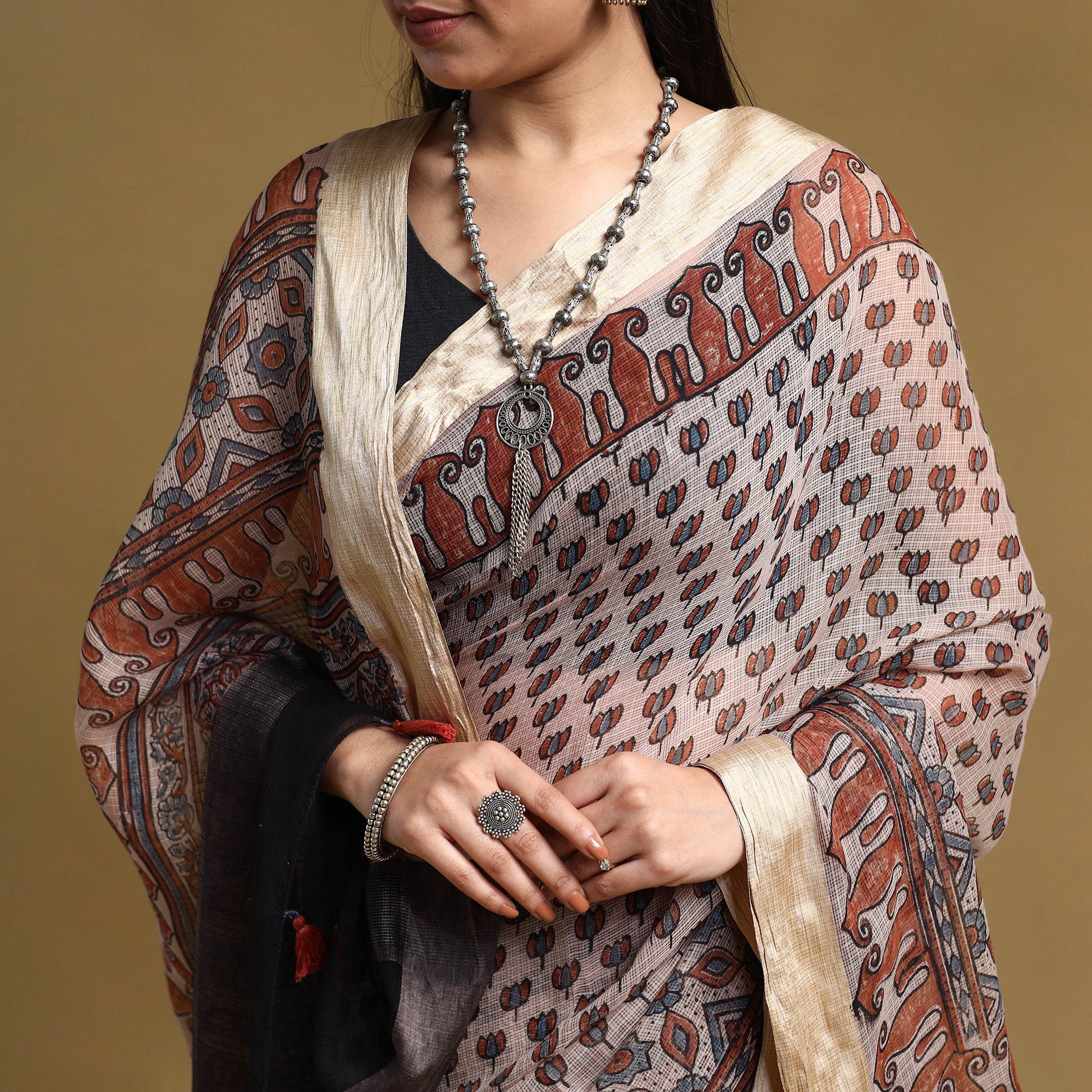 Beige - Natural Dyed Block Print Kota Doria Cotton Ajrakh Saree 10