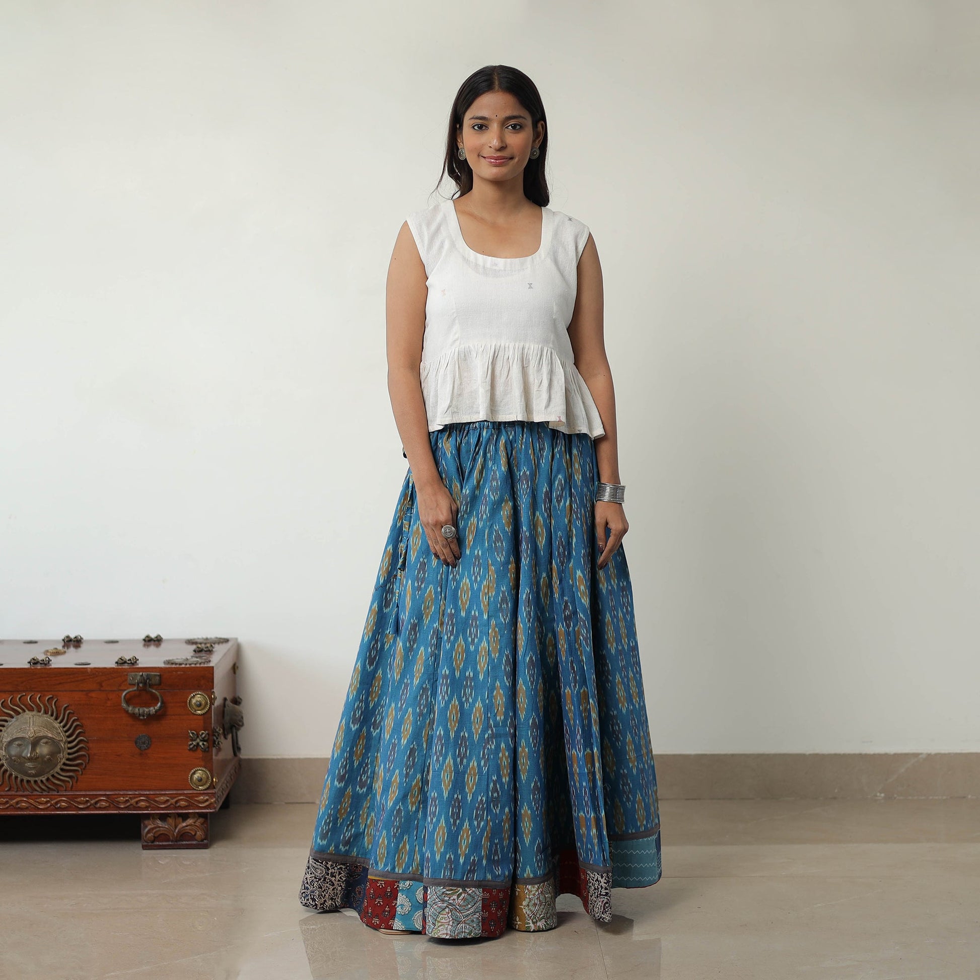 Blue - 24 Kali Cotton Pochampally Ikat Skirt 04