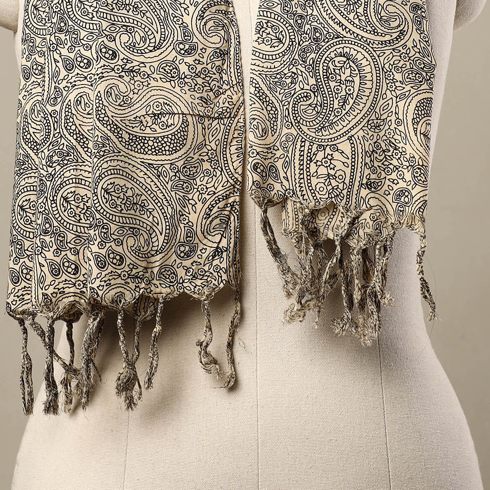 Beige - Block Print Cotton Sanganeri Stole with Tassels 103