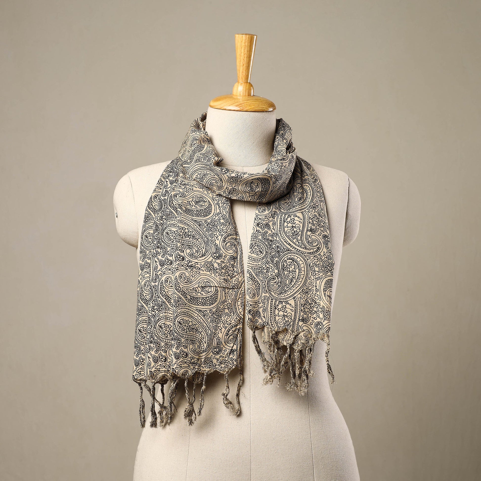 Beige - Block Print Cotton Sanganeri Stole with Tassels 103