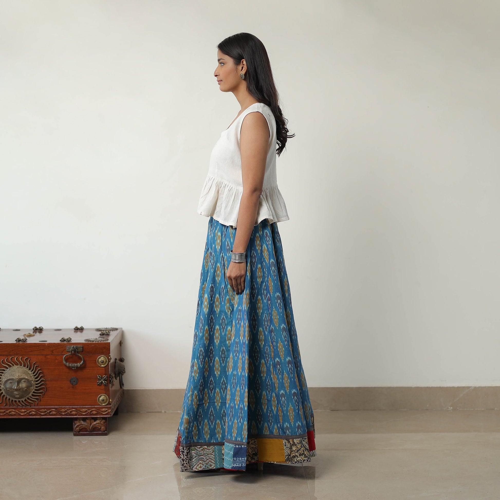 Blue - 24 Kali Cotton Pochampally Ikat Skirt 04